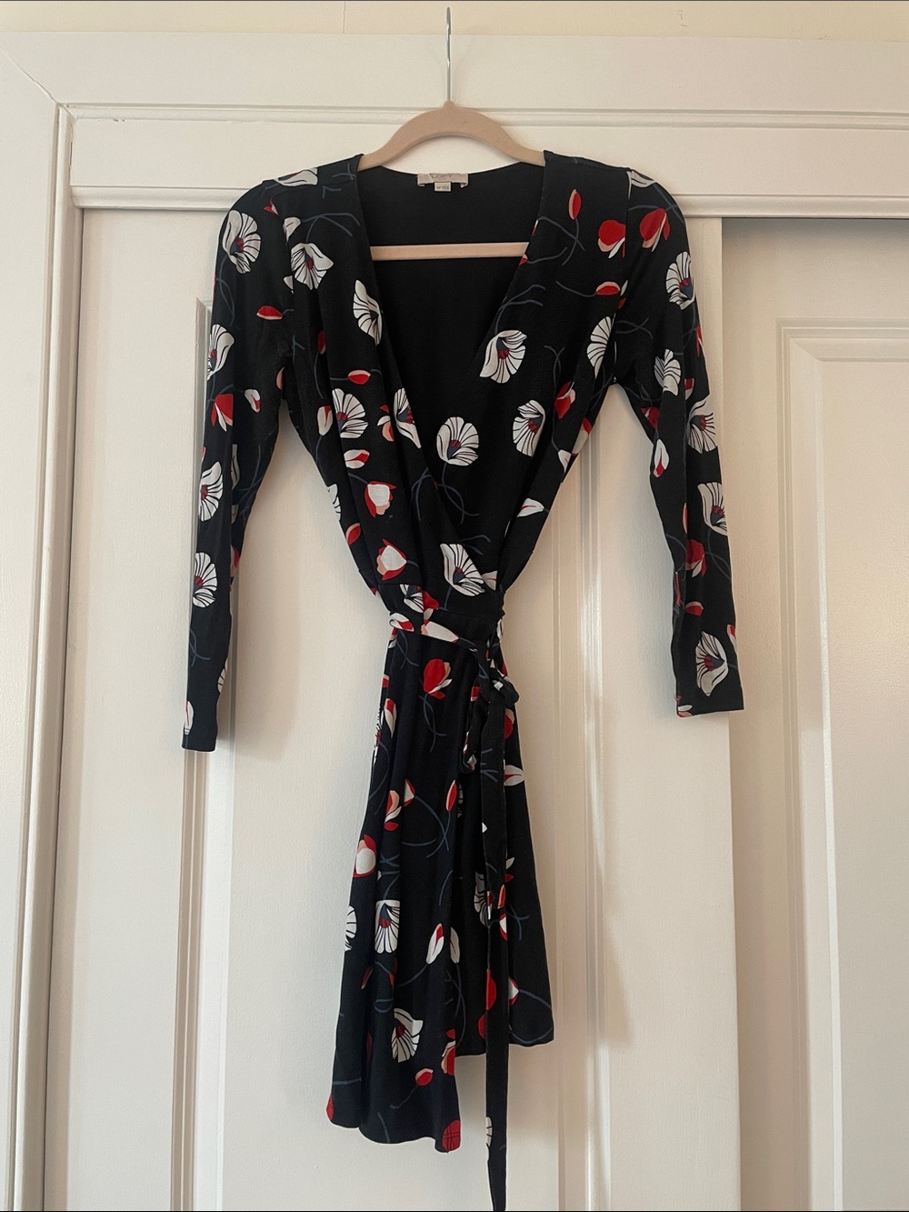 LOFT Black Floral Wrap Dress with Red & White Blooms